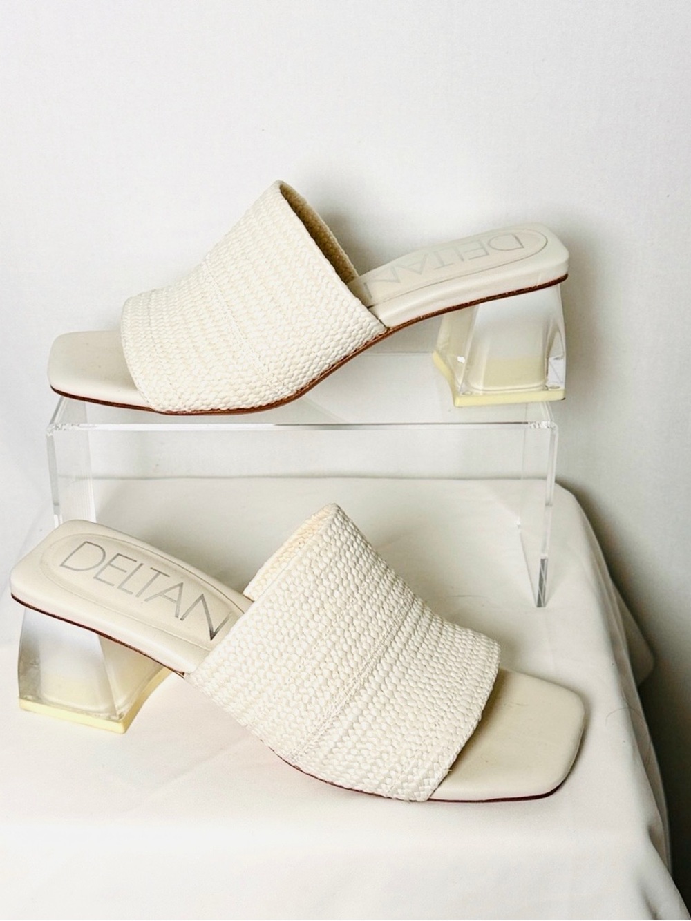 DELTAN Fae Cream Woven Raffia Clear Block Heel Slide Mules Sandals